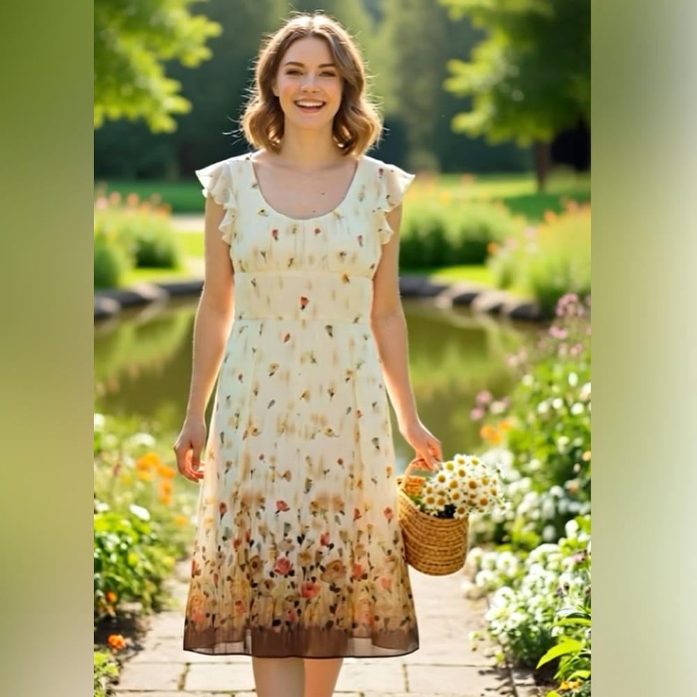Beautiful Dress Barn Cream and Brown Floral Midi Dress.  100% Polyester